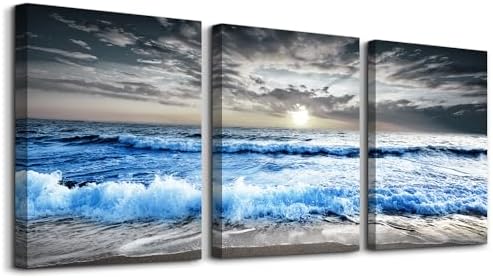 MHARTK66 3 Piece Canvas Wall Art - Blue Ocean Wave Seascape Pictures - Bedroom, Living Room, Office Wall Decor - Modern Home Decor by MHARTK66