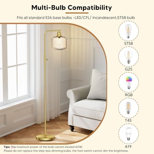 66" Dimmable Gold Standing Lamp with Champagne Ribbed Glass for Living Room - Image 5