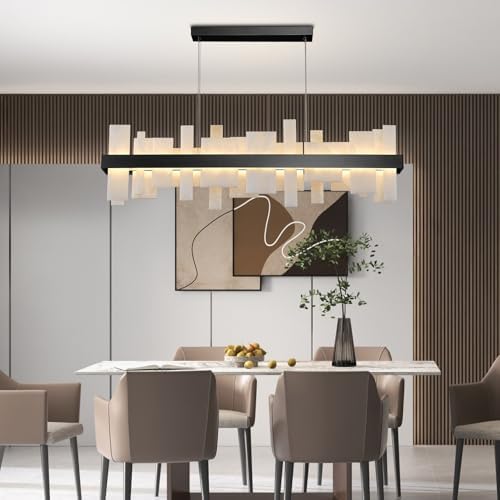 Alabaster Rectangle Chandelier,46.8in Adjustable Hanging Linear Chandelier, Dimmable Warm Glow, Modern Design Spanish Natural Stone Rectangle Ceiling Light for Dining Room, Kitchen Island, Entryway - Image 6