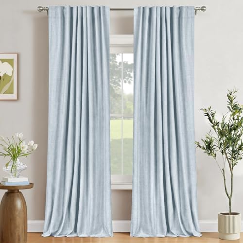 Faux Linen Total Blackout Curtains for Bedroom 72 Inch Long Chambray Blue by 100BlackoutShield
