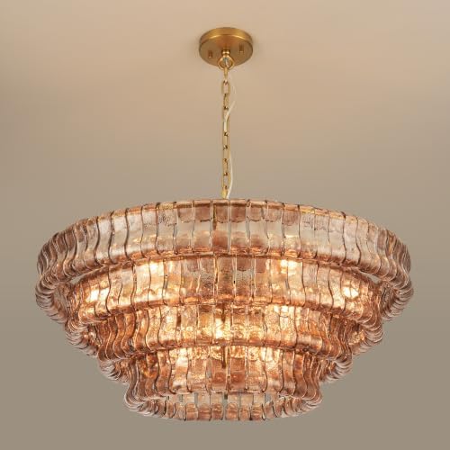 36-Inch 4-Tier Smoke Gray Glass Chandelier, 12-Light Brass Chandelier by PIOUTNF