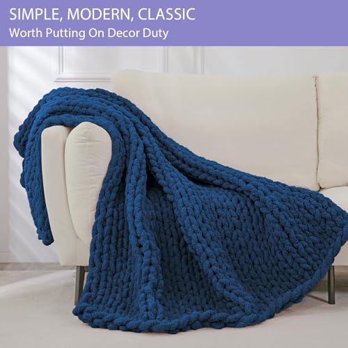 Bigacogo Chunky Knit Throw Blanket for Couch, 60x80 inches, Navy Blue - Image 3