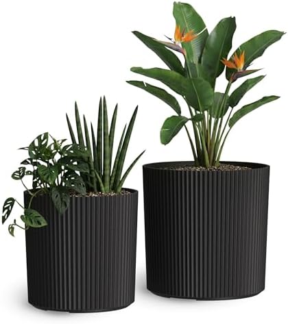 Mayne Haven 12in & 14in Round Fluted Modern Planter Set, Black, 2-Pack by Mayne