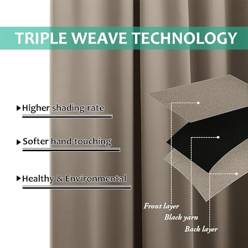 NICETOWN 100% Blackout Short Curtains with Black Liners, 2 Panels, 37" W by 60" L, Taupe, Solid Thermal Insulated Full Blackout 2-Layer Lined Drapes, Energy Efficiency Window Draperies for Bedroom - Image 6