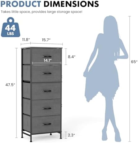 DUMOS Nightstand with 5 Drawers, Bedside Table with Removable Fabric Bins, Sturdy Steel Frame Wood Skinny Dresser Furniture for Bedroom Closet Living Room, Grey - Image 3