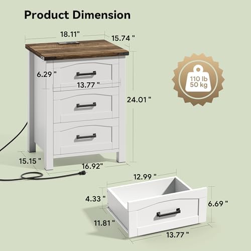 Decofy Farmhouse Nightstand with Charging Station, 3 Drawers - Image 2