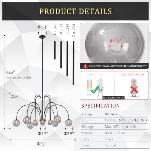 CATINER Modern 52" 12-Light Black Sputnik Chandelier with Smoke Glass Globe - Image 2