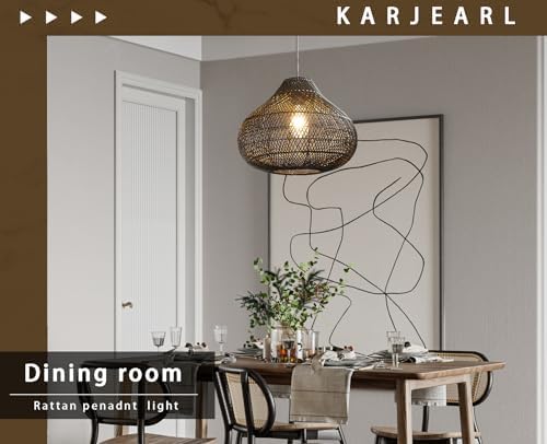 Karjear Black Rattan Chandelier, 16.5 inch Large Wicker Pendant Lights Fixture Hand-Woven Basket Hanging Light for Dining Room Kitchen Island Living Room - Image 6