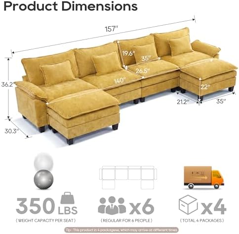 URRED Oversized Modular Sectional Sofa，Yellow：157" U Shaped - Image 2