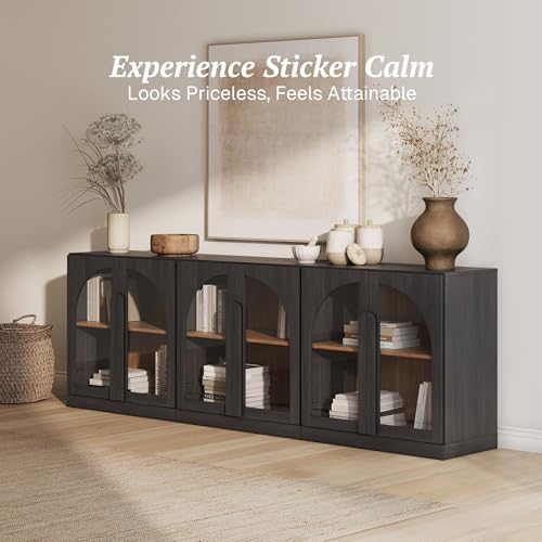 BELLEZE Bijou Set of 3 Modular Sideboard Cabinets (94.5" Extra Long) - 6-Door Media Console - Modern Arched Glass Buffet Credenza for Large Kitchen & Living Area- Ebony - Image 4