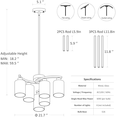 CNRATYE 6-Light Brushed Nickel Chandeliers for Dining Room Light Fixtures Over Table, Adjustable Height Hanging Industrial Pendant Lighting for Kitchen Island Bedroom, Clear Glass Shade - Image 6