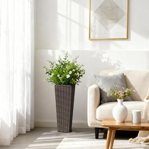 Greesum 23 Inch Tall Plastic Planters with Rattan Texture – Set of 2, Brown - Image 4