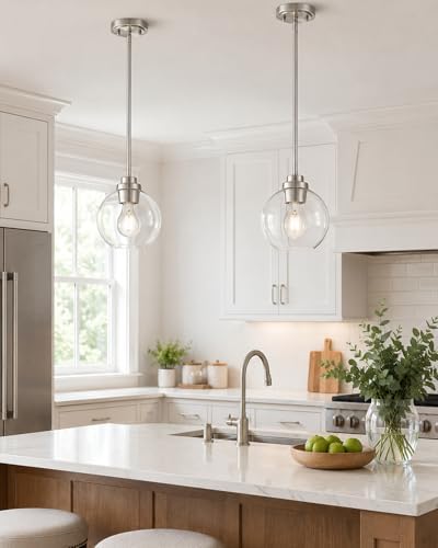 Pendant Lights Kitchen Island, 7" Modern Brushed Nickel Hanging Lights Fixtures with Clear Glass Globe Shade, Kitchen Island Lighting for Bathroom, AD-22280-1P-SN-C - Image 6