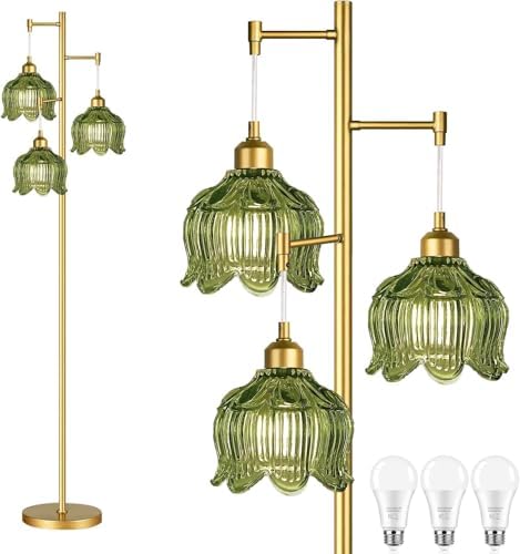 Vintage Floor Lamps for Living Room Bedroom-3 Light Gold Floor Lamp with Glass Lampshape, Flower Green Tall Lamp Mid Century Modern Standing Lamp Tree Floor Lamp for Bedroom Living Room Corner by Unknown