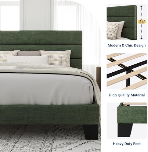 Allewie Queen Size Platform Bed Frame with Fabric Upholstered Headboard and Wooden Slats Support, Fully Upholstered Mattress Foundation/No Box Spring Needed/Easy Assembly, Green - Image 6