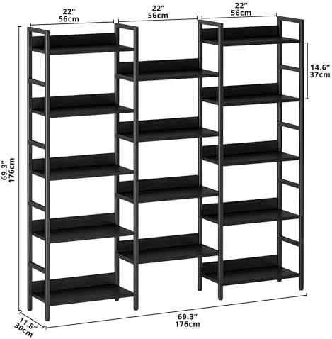 IRONCK Triple Wide 5-Tier Bookshelf with Metal Frame, Vintage Black - Image 3
