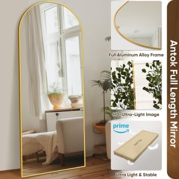 Antok Full Length Mirror, 59"x18" Floor Mirror with Stand, Gold, Arched - Image 5