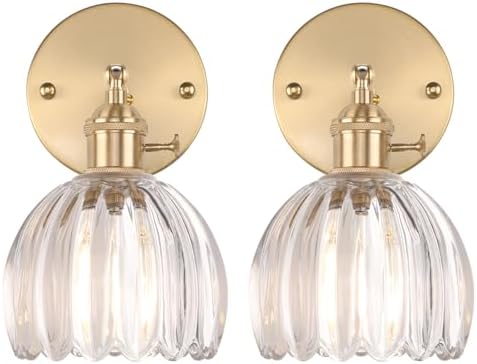 Shenmoyl Vintage Wall Sconces Set of 2 with Transparent Tulip Glass Lampshade 180 Degree Adjustable Brass Sconces Hradwired Modern Wall Lighting Fixture with Switch for Bedside Bedroom Doorway by Shenmoyl