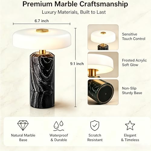 Modern Luxury Marble Desk Lamp -Rechargeable Touch Desk Lamp Nordic Style Office and Living Room Elegant Decoration for Apartments and Hotels Black - Image 4