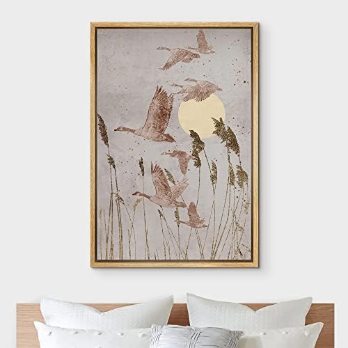 NWT Framed Canvas Print Wall Art Crane Bird Wheat Field Sunlight Nature Wilderness Illustrations Modern Art Decorative Landscape Rustic Zen Colorful for Living Room, Bedroom, Office - 16"x24" Natural - Image 3