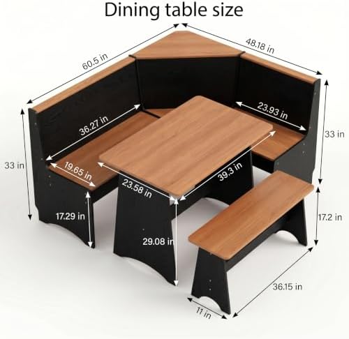 Farmhouse Breakfast Nook Table Set with L-Shaped Bench & Storage, Reversible Seating for 3-4, Easy-Clean Waterproof Laminate, Space-Saving Corner Design (Black + Natural) - Image 2