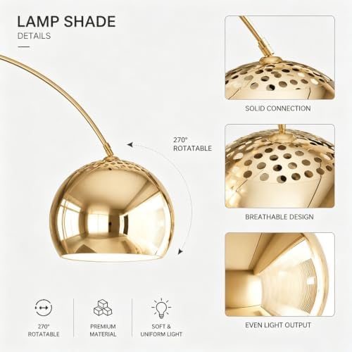 71" Mid Century Adjustable Gold Arc Floor Lamp with Dome Shade - Image 3