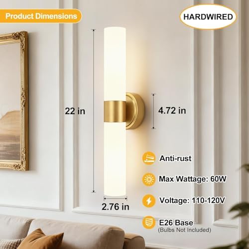 Hardwired Wall Sconces Set of Two, Modern Bathroom Sconces Wall Lighting with Milky White Glass, Brushed Gold Sconces Wall Decor Set of 2 for Bathroom Mirror Bedroom Living Room Hallway - Image 3