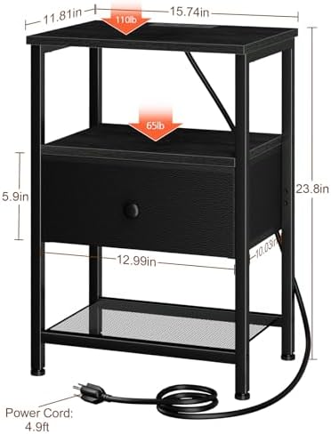 LOAKEKEL Night Stand, Small Nightstand with Charging Station - Image 6