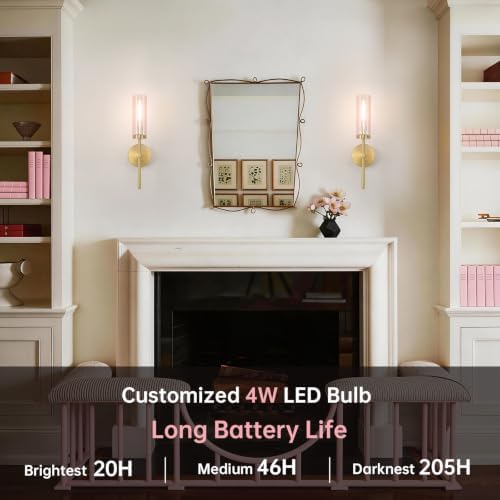 Shenmoyl Battery Operated Wall Sconces Set of 2, Gold Rechargeable Wall Lighting Fixtures, Dimmable Wall Lights with Remote & Pink Glass Shade for Living Room, Bathroom,Bedroom - Image 2