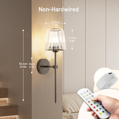 Crystal Battery Operated Wall Sconces Set of 2, Brown Rechargeable Wireless Wall Lights with Crystal Lampshade, 12 RGB and 3CCT Dimmable Wall Lamps with Remote for Bedroom Living Room Hallway - Image 3
