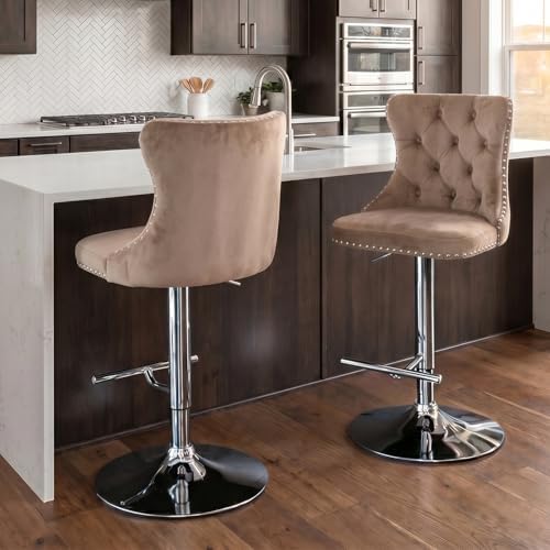 SoarFlash Velvet Bar Stool Set of 2, Adjustable Swivel Bar Stools with Silver Plated Metal Leg, Button Tufted, Footrest, Chrome Nailhead, Counter Height Chair for Kitchen, Bar, Dining Room (Khaki) - Image 3