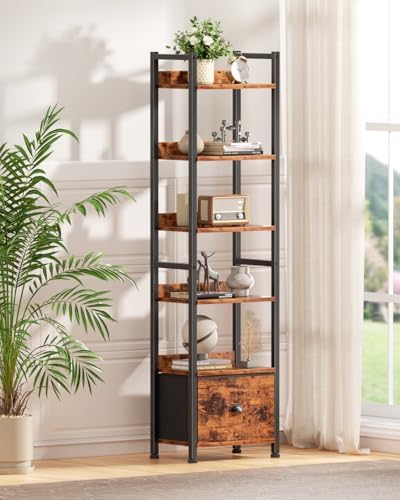 Furologee 6 Tier Bookshelf, Tall Shelf with Drawer, Wood and Metal Bookshelves Storage Organizer, Industrial Display Shelving Unit for Bedroom, Living Room, Home Office, Rustic Brown - Image 4