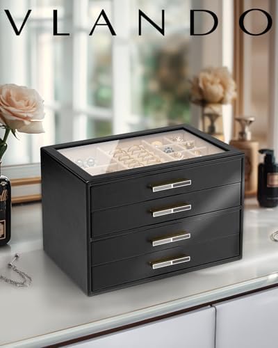 VLANDO 4 Layer Jewelry Box for Women, Glass Lid Jewelry Organizer with 4 Drawers for Necklaces Rings Earrings Bracelets - Black - Image 2