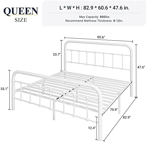 Allewie Queen Metal Bed Frame with Victorian Iron-Art Headboard, White - Image 2