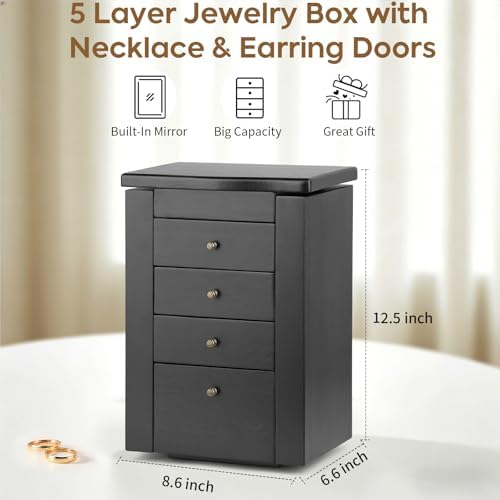 Meangood Jewelry Box Jewelry Organizer, 5-Layer Wooden Jewelry Organizers and Storage Boxes for Women Girls, Ring Earring Bracelet Necklace Holder Organizer with Mirror & Drawers(Black) - Image 2