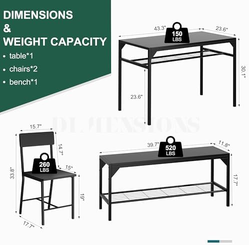 Shintenchi Dining Table Set for 4 with Bench and Chairs, Black - Image 4