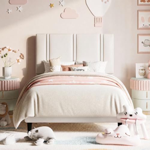 Allewie Twin Platform Bed Frame with Velvet Upholstered Headboard by Allewie