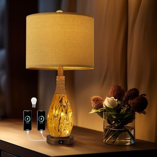 OYEARS 23" USB A+C Table Lamp for Bedroom Living Room Modern Bedside Lamps Retro Farmhouse Rattan Glass Nightstand Nightlight Lamps (Amber),Two Light Points by OYEARS