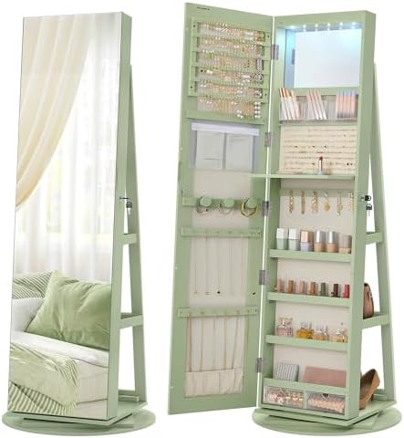 SONGMICS 6 LEDs Mirror Jewelry Cabinet Organizer, 360° Swivel, Lockable by SONGMICSbySONGMICSHOME