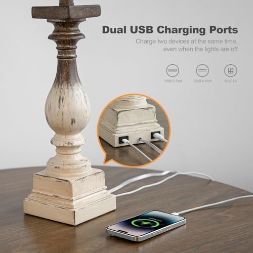 BOBOMOMO 27" Farmhouse Table Lamps with USB-A +C Ports, Vintage Rustic Side Table Lamps Set of 2, Linen Shade, Retro Bedside Night Stand Lamps for Living Room, Bedroom (Blubs not Included) - Image 3