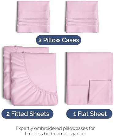 Split King Size 5 Piece Sheet Set - Comfy Breathable & Cooling - Light Pink - Image 2