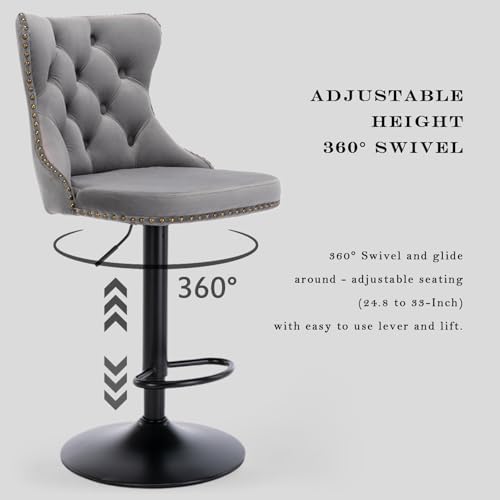 SoarFlash Velvet Bar Stool Set of 2, Adjustable Swivel Bar Stools with Black Metal Leg, Button Tufted, Footrest, Chrome Nailhead, Counter Height Chair for Kitchen, Bar, Dining Room (Grey) - Image 4