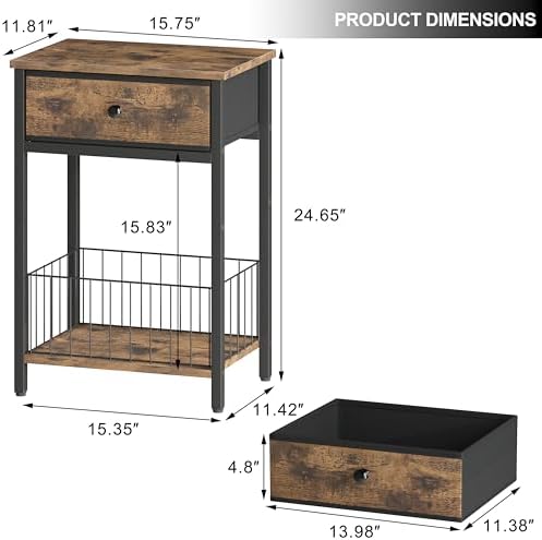 Night Stand Set 2, Night Stand with Drawers, Industrial nightstand, Nightstand with Fabric Bins, Bedside Table End Table for Bedroom, Closet, Entryway, College Dorm, Rustic Brown LNT0061BR2 - Image 3