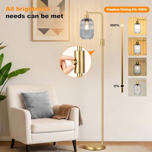 【Upgraded】 Dimmable Floor Lamp for Living Room with Gray Ribbed Glass Lampshade, Gold Modern Floor Lamp with 900LM LED Bulb Included, Arc Standing Tall Lamp for Bedroom, Office, Reading Room, Corner - Image 3