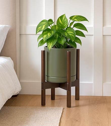 D'vine Dev Ceramic Pot with Walnut Wood Stand, Olive, 8 in, 55-B-Y-J - Image 2