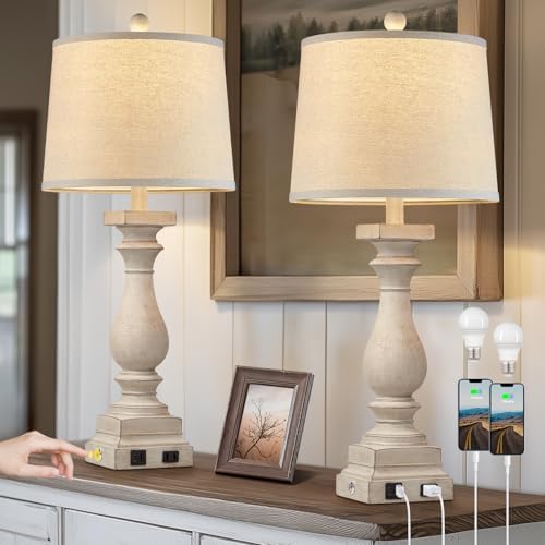 28" Tall Farmhouse Table Lamps Set of 2 with USB C+A Ports and AC Outlet, 3 Way Touch Control Rustic Bedside Lamp for Bedroom, Beige Vintage Nightstand Lamp for Living Room Office by MouvovoLighting