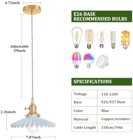 Shenmoyl Pendant Light with Blue Pleated Ceramic Lmapshade, Brass Vintage Pendant Light Adjustable Hanging Light for Kitchen Island Dining Room Hallway - Image 5