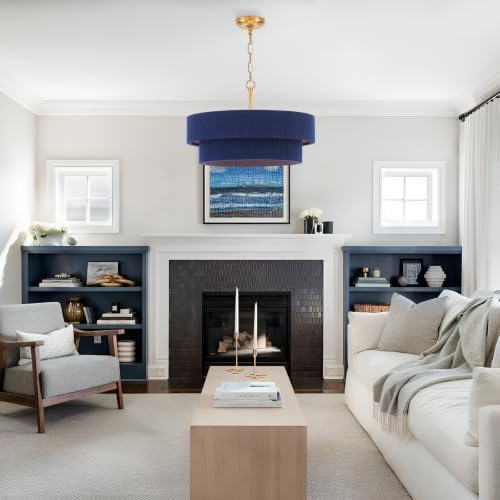 20” Navy Blue Boho Hand Woven Pendant Light Brass Adjustable Coastal Chandelier for Dining Living Room Kitchen Bedroom, UL Listed - Image 2
