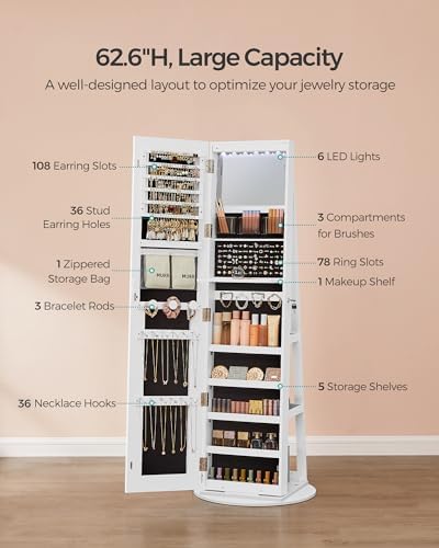 SONGMICS LED Mirror Jewelry Cabinet Standing, Adjustable Lights, Lockable - Image 5