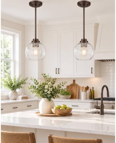 2-Pack Pendant Lights Kitchen Island, 7" Oil Rubbed Bronze Hanging Lights Fixtures with Clear Glass Globe Shade, Modern Kitchen Island Lighting for Bathroom, AD-22280-1P2-ORB by Audickic